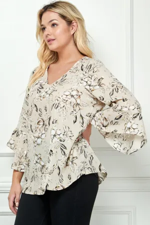 3/4 Ruffle Sleeve V Neck Blouse - Plus