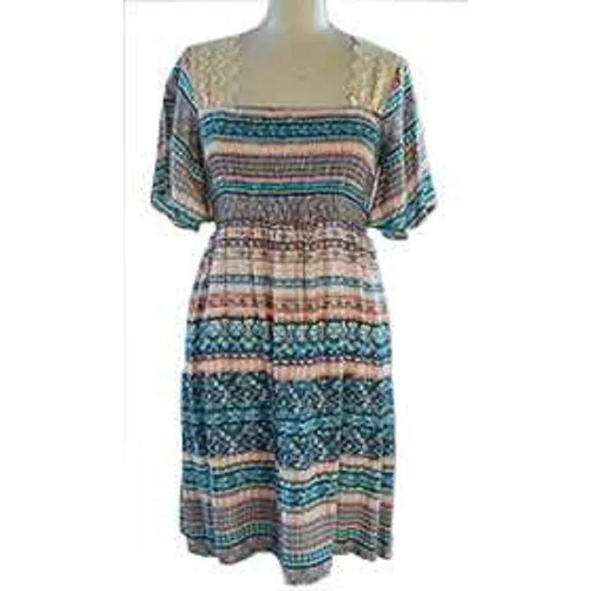 Adini Printed & Crochet Bohemian Baby Doll Elastic Waist Tunic Dress