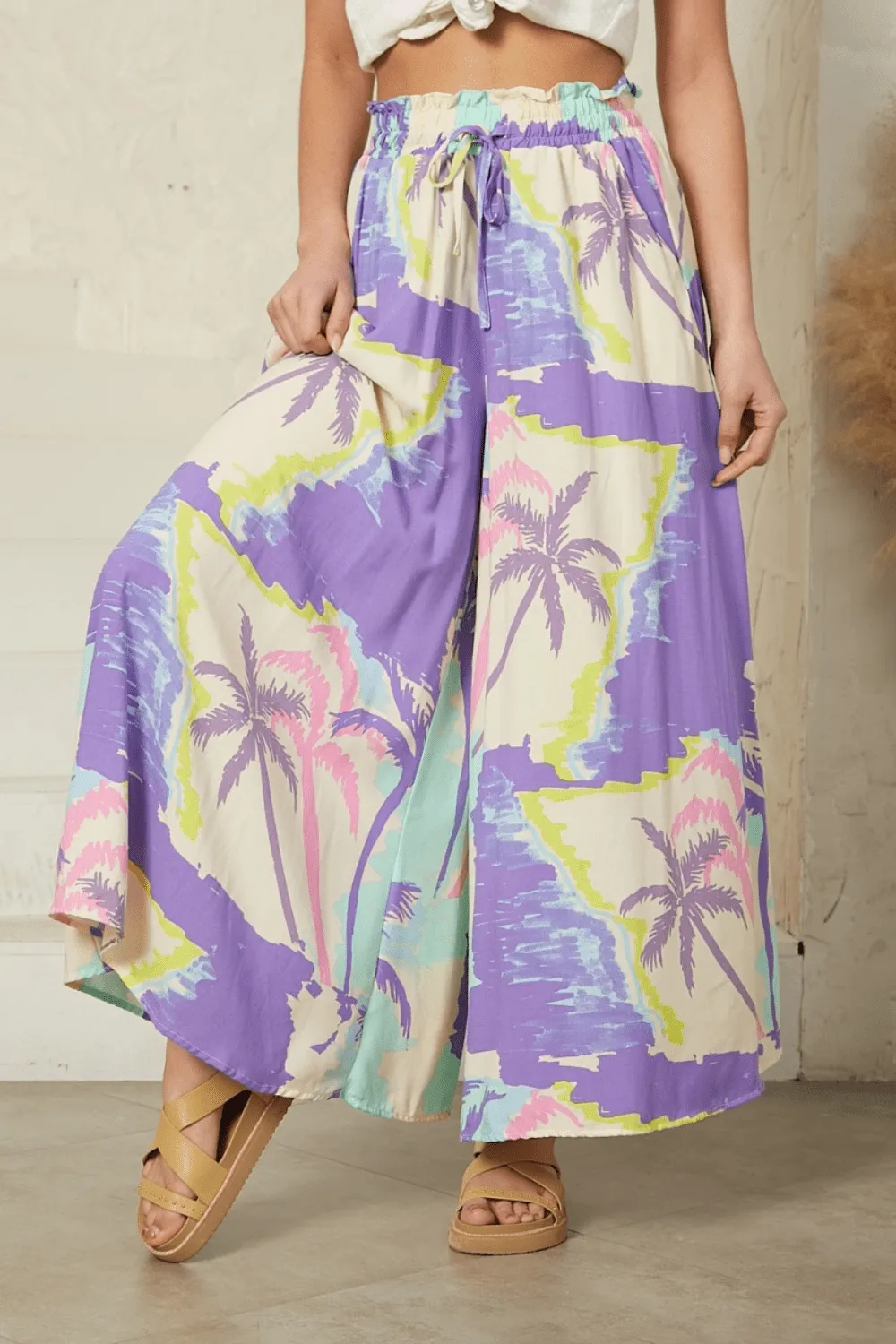 Aria Wide Leg Pants - Purple Palms