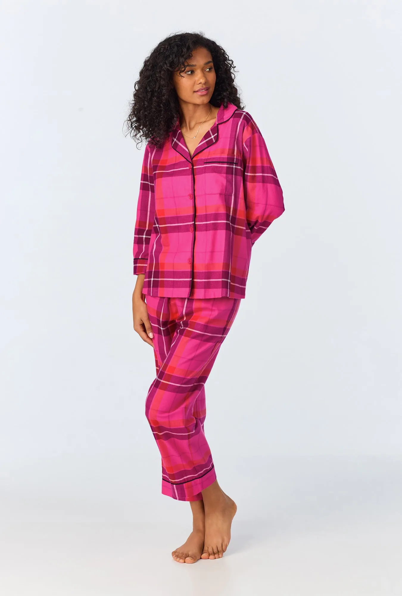 BedHead x Trina Turk Aurora Plaid 3/4 Sleeve Classic Woven Portuguese Flannel Cropped PJ Set