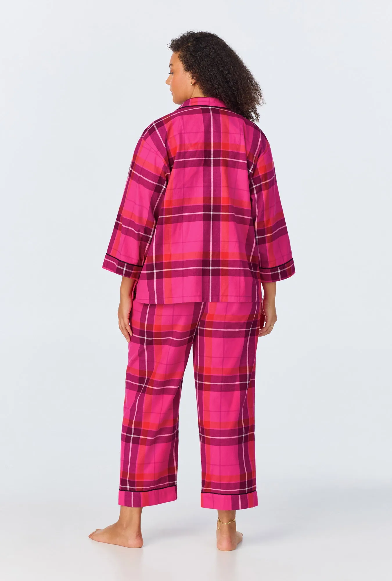 BedHead x Trina Turk Aurora Plaid 3/4 Sleeve Classic Woven Portuguese Flannel Cropped PJ Set