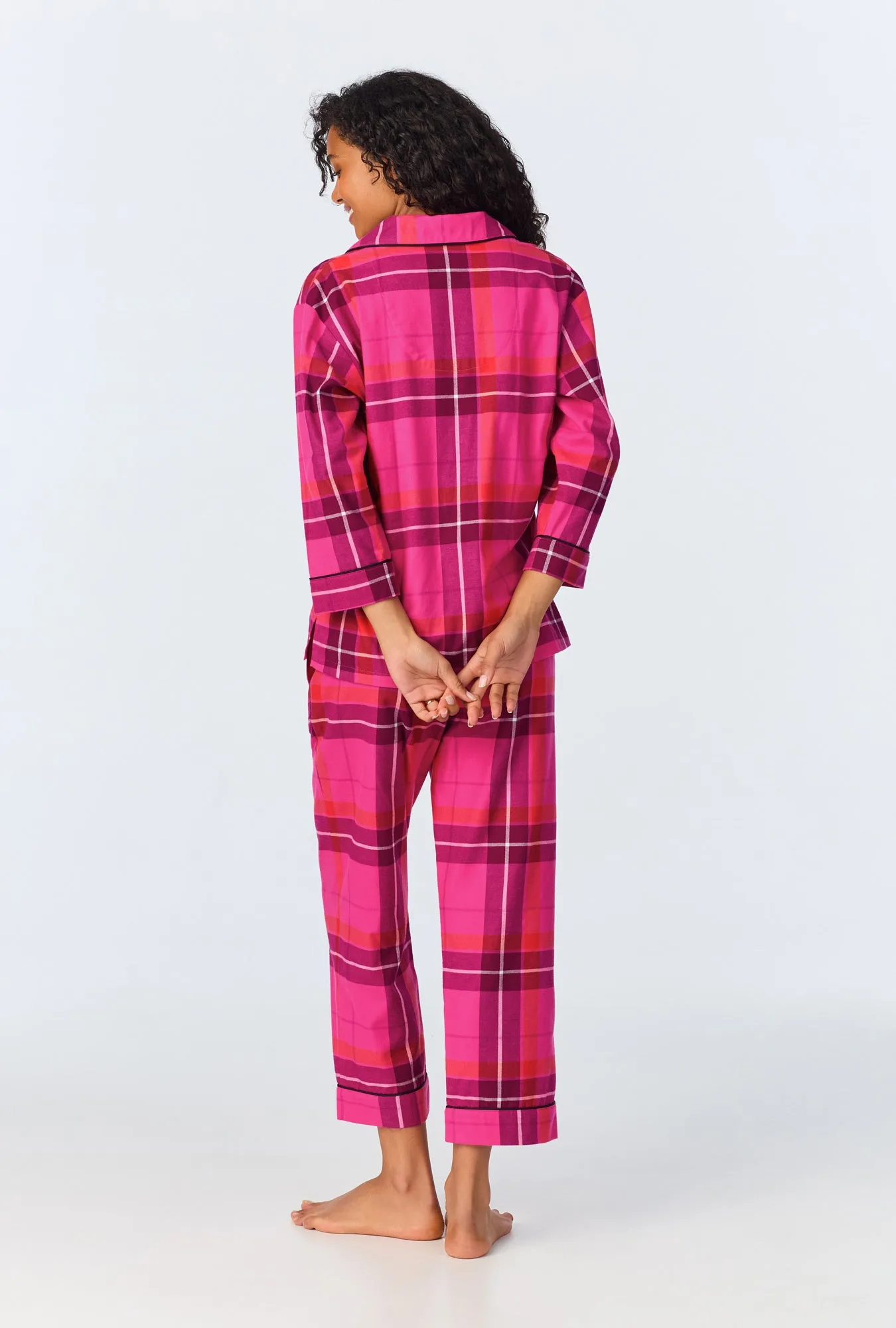 BedHead x Trina Turk Aurora Plaid 3/4 Sleeve Classic Woven Portuguese Flannel Cropped PJ Set