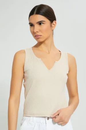 Beige Sleeveless Ribbed T-Shirt