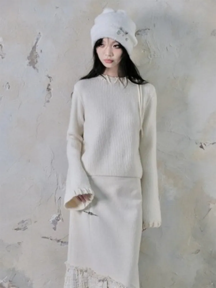 Bell Sleeve Crochet Round Neck Knit Pullover【s0000004410】