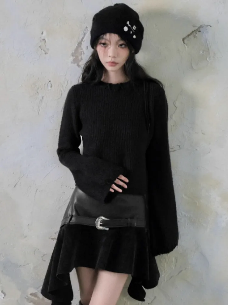 Bell Sleeve Crochet Round Neck Knit Pullover【s0000004410】