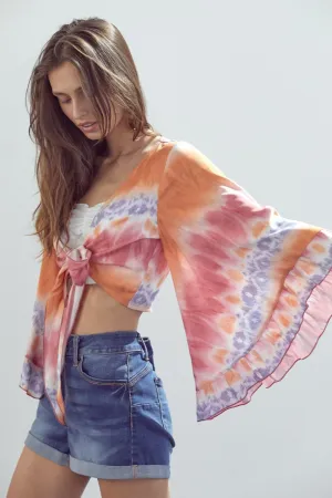 Bell-Sleeve Tie-Dye Crop Top with Flowy Sleeves