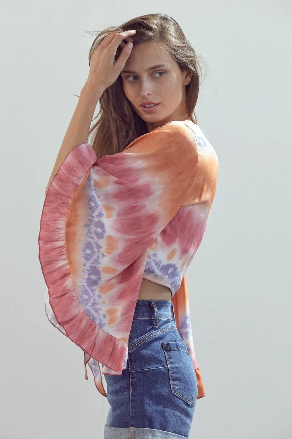 Bell-Sleeve Tie-Dye Crop Top with Flowy Sleeves