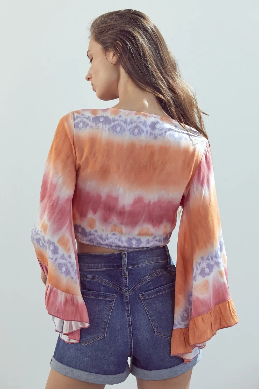 Bell-Sleeve Tie-Dye Crop Top with Flowy Sleeves