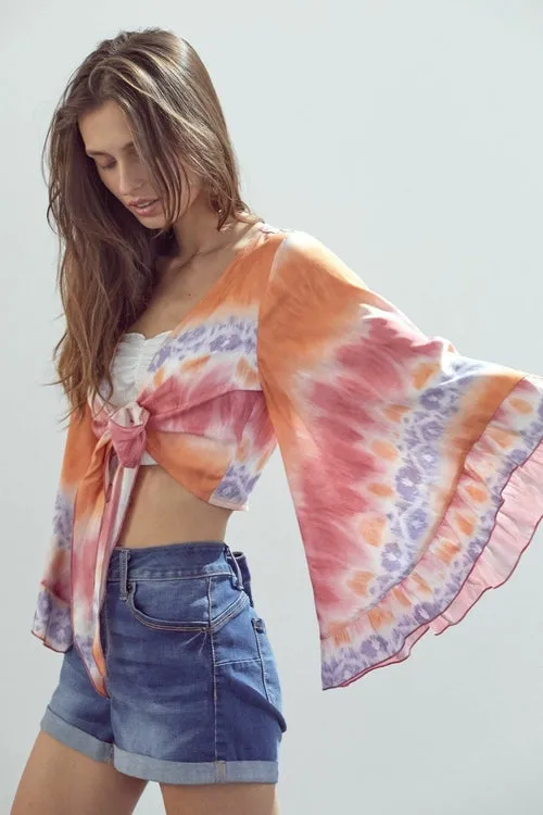 Bell-Sleeve Tie-Dye Crop Top with Flowy Sleeves