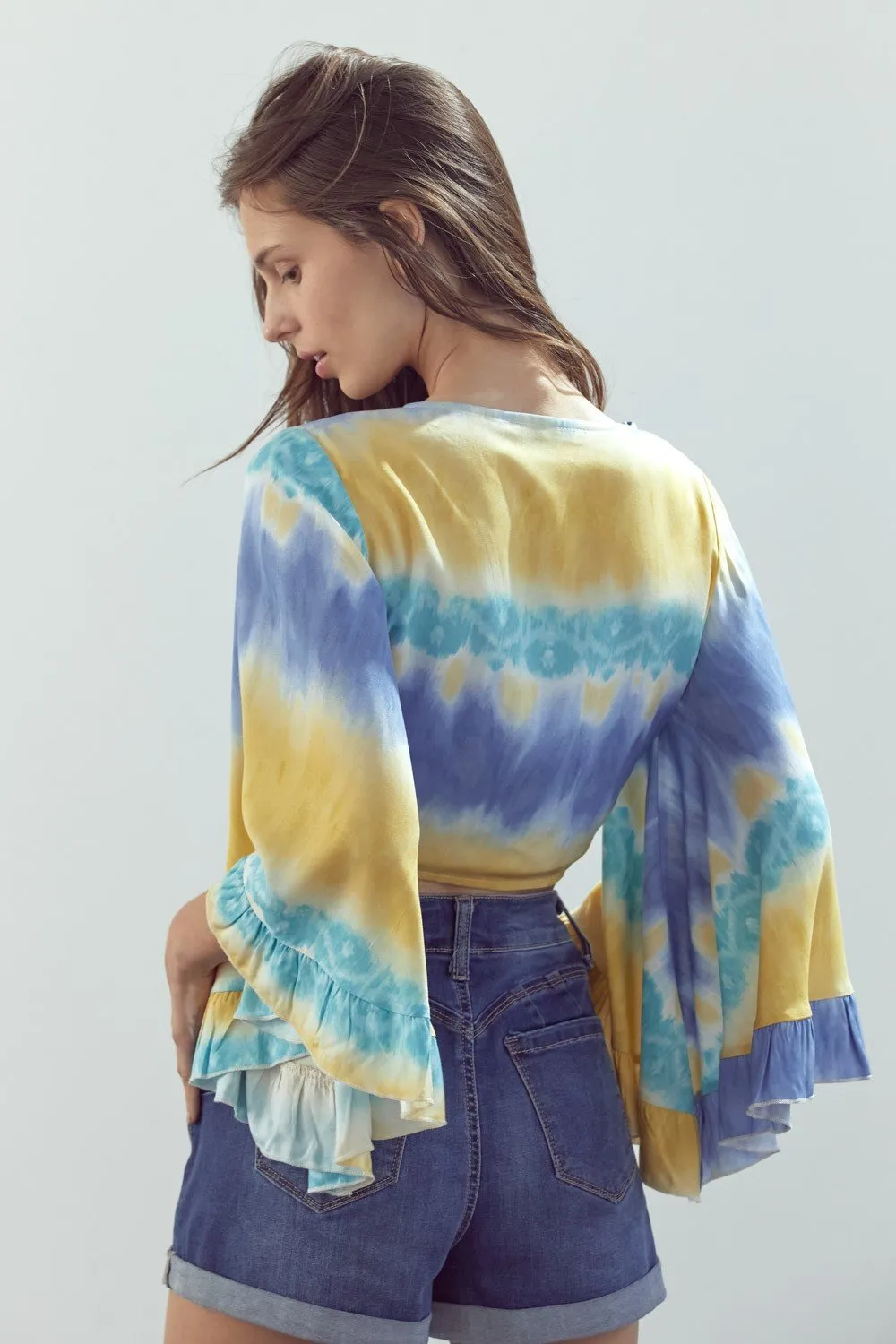 Bell-Sleeve Tie-Dye Crop Top with Flowy Sleeves