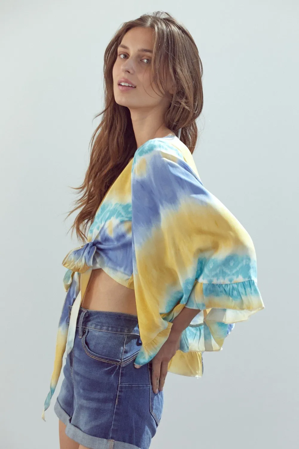 Bell-Sleeve Tie-Dye Crop Top with Flowy Sleeves