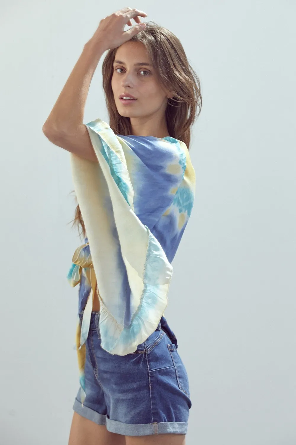 Bell-Sleeve Tie-Dye Crop Top with Flowy Sleeves