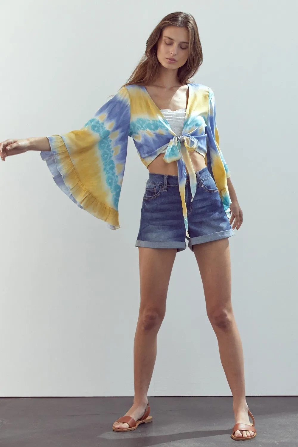 Bell-Sleeve Tie-Dye Crop Top with Flowy Sleeves