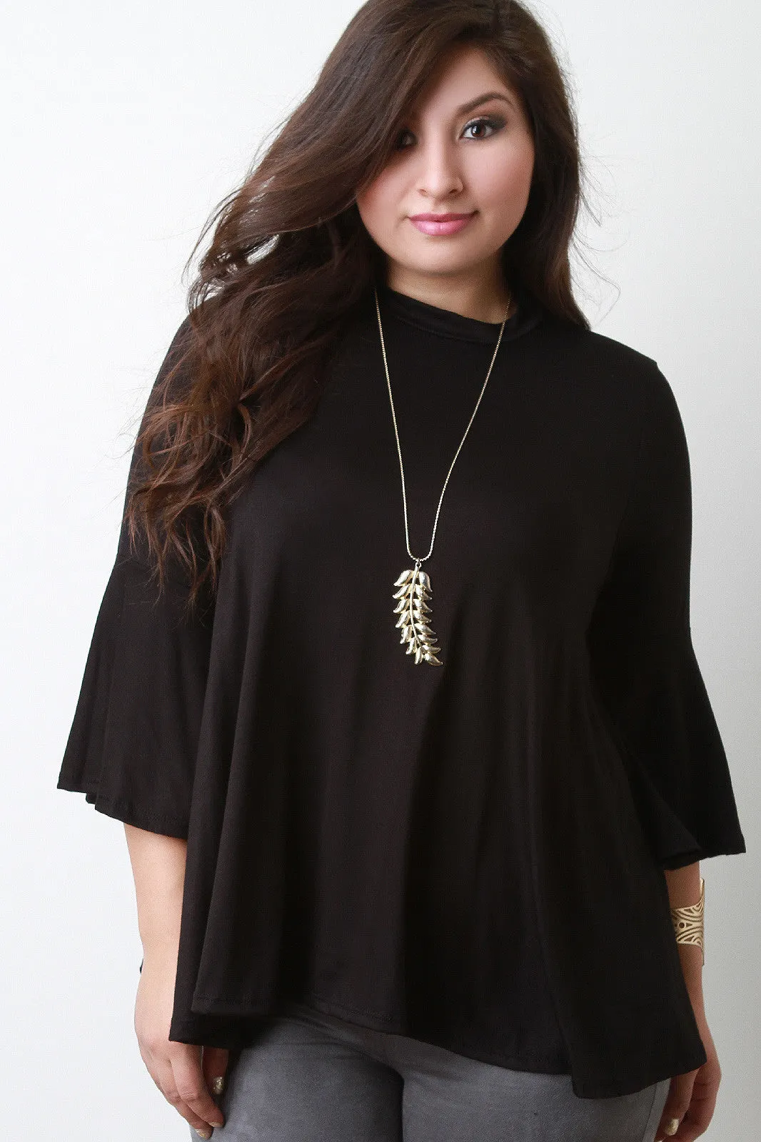 Bell Sleeves Mock Neck Keyhole Top