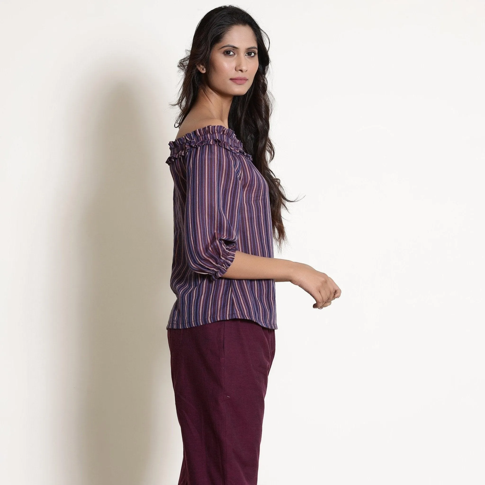 Berry Wine Striped Cotton Off-Shoulder Frilled Top