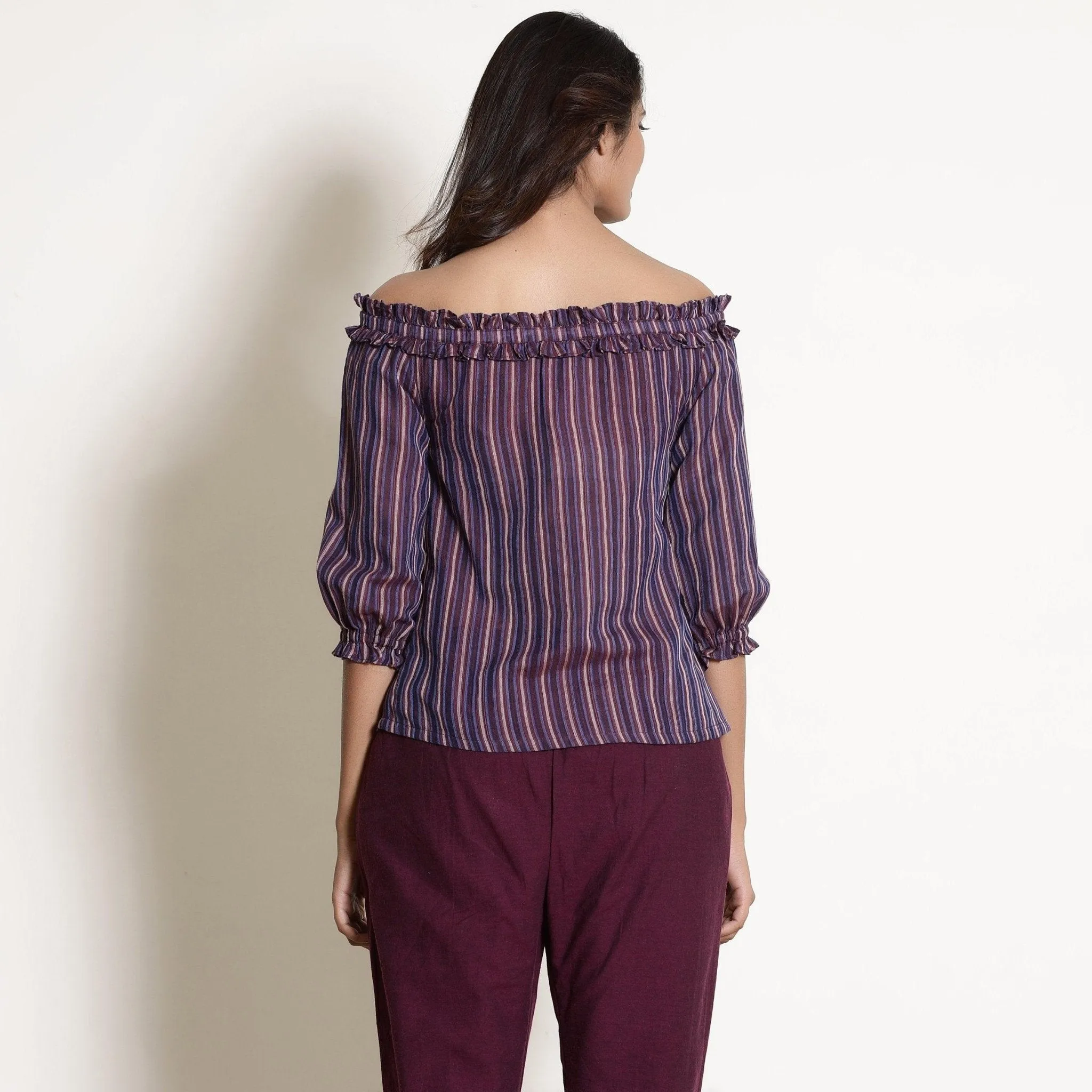 Berry Wine Striped Cotton Off-Shoulder Frilled Top