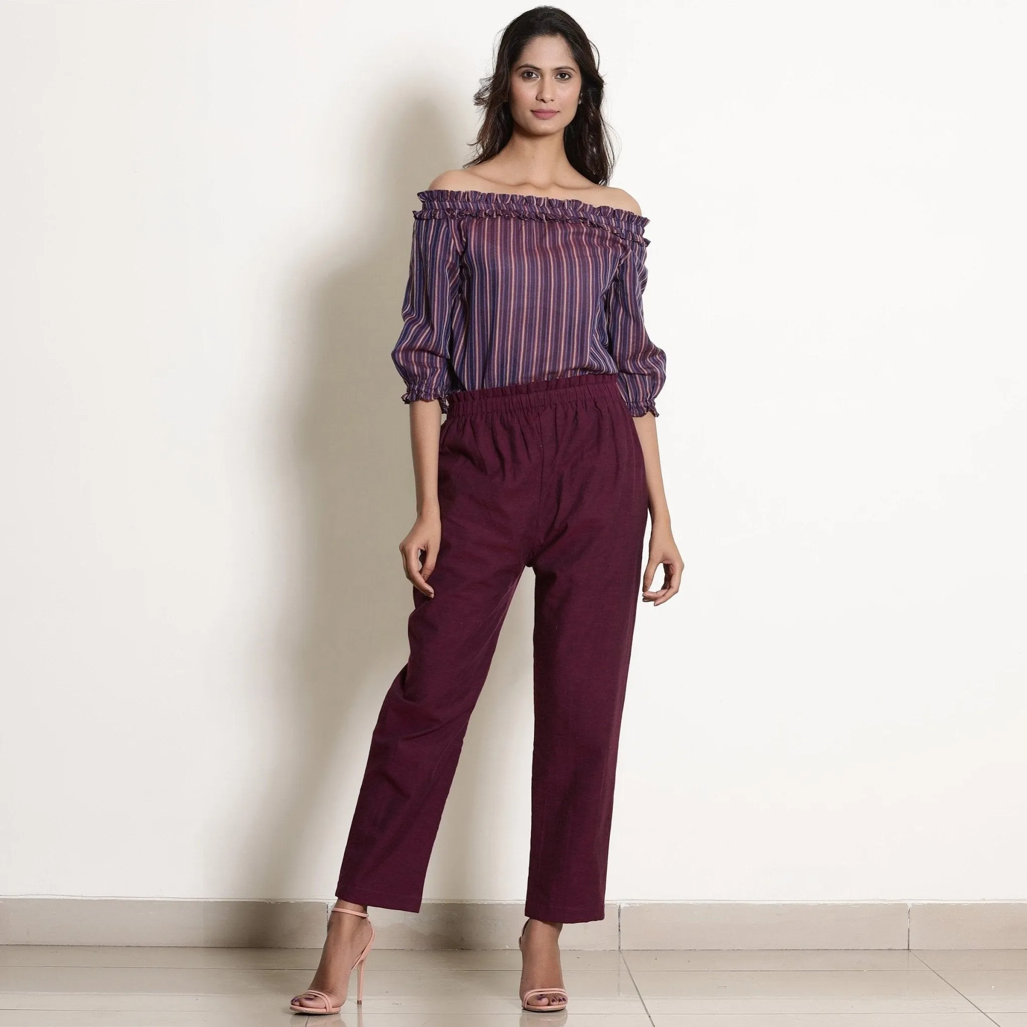 Berry Wine Striped Cotton Off-Shoulder Frilled Top