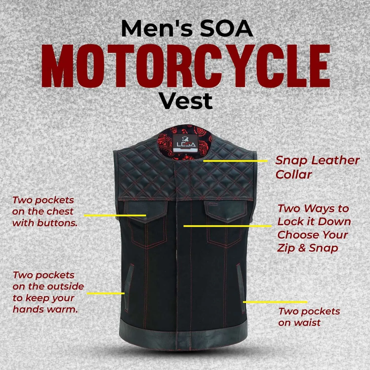 Biker Vest Red Stiches Men's Motorcycle SOA Vest Red Thread Club Vest