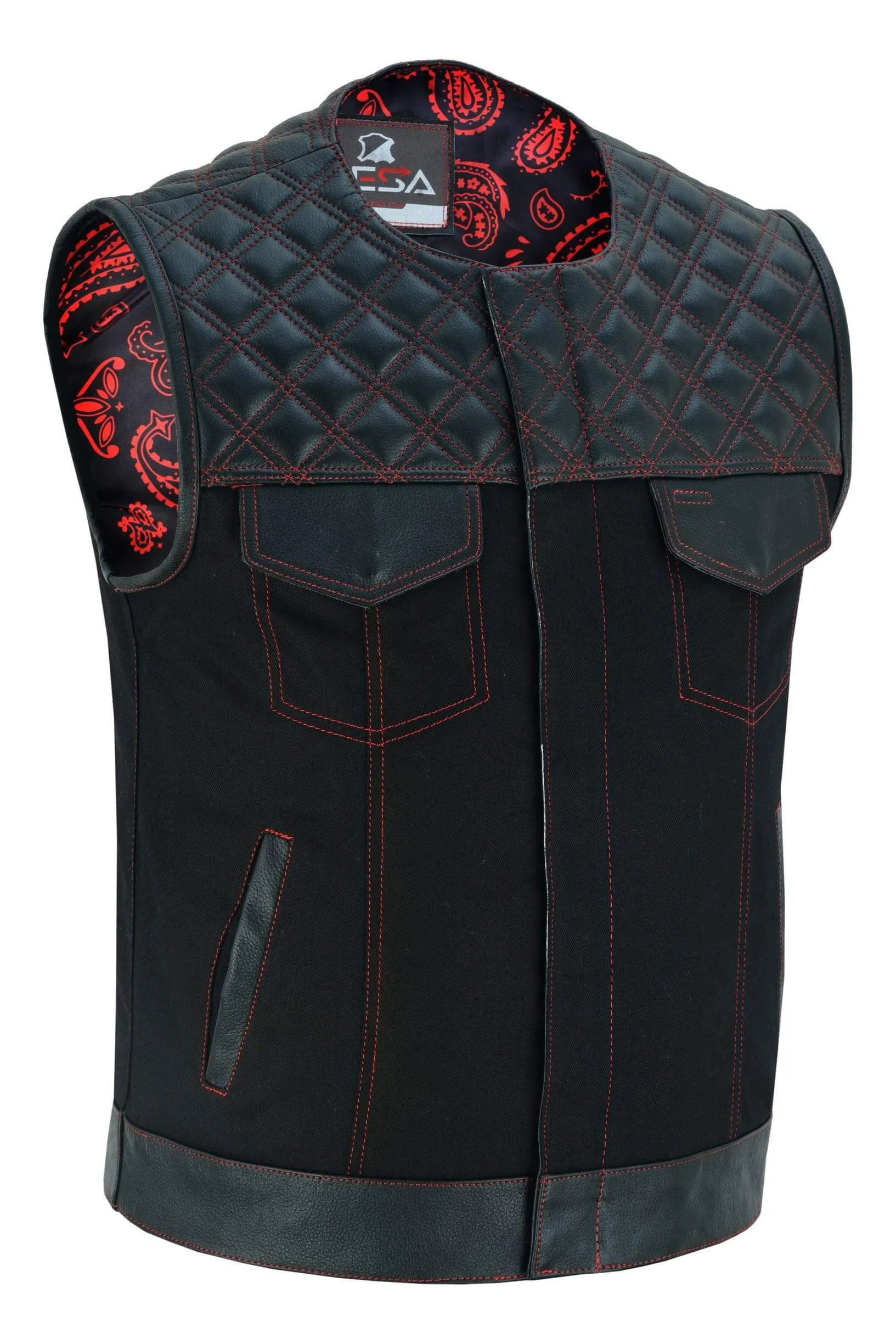 Biker Vest Red Stiches Men's Motorcycle SOA Vest Red Thread Club Vest