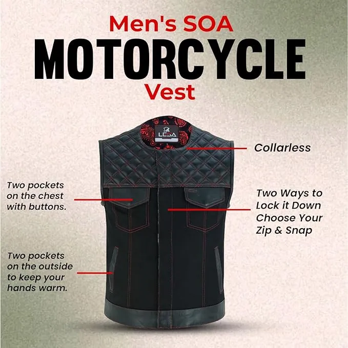 Biker Vest Red Stiches Men's Motorcycle SOA Vest Red Thread Club Vest