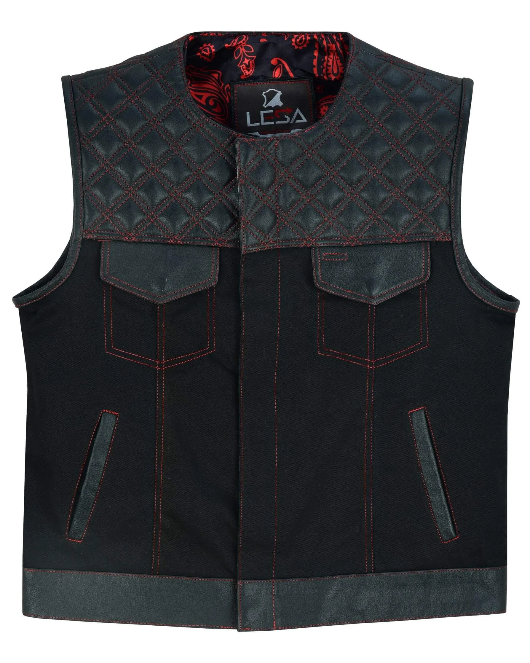 Biker Vest Red Stiches Men's Motorcycle SOA Vest Red Thread Club Vest