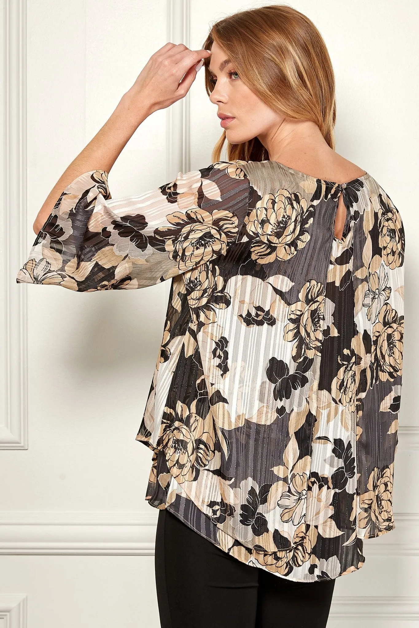 Black & Taupe 3/4 Sleeve V Neck Double Layer Split Back Blouse