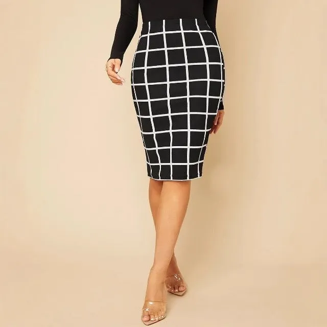 Black & White Grid Print Pencil Midi Skirt