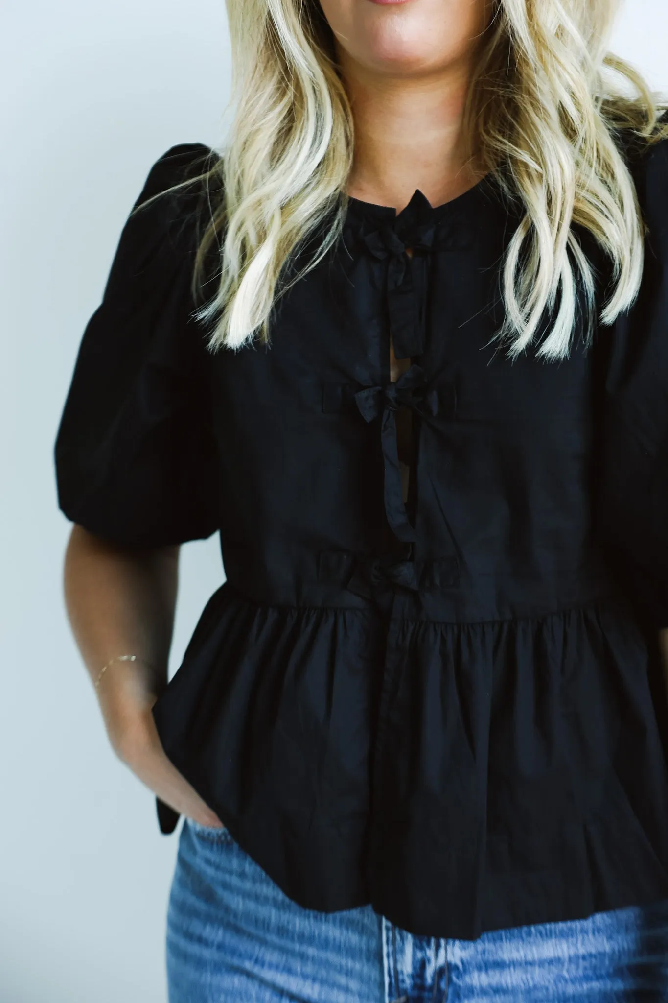 Black Puff-Sleeve Tie-Front Blouse