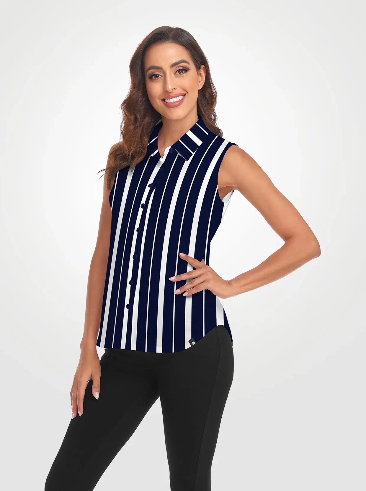 Black Stripe Button-Down Sleeveless Polo Shirts For Women