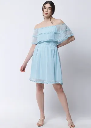 *Blue Off-Shoulder Georgette Blouson Dress