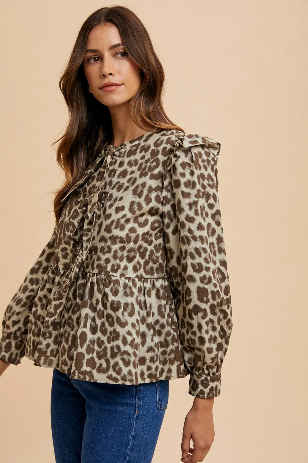 Blue Zone Planet |  Annie Wear Tied Leopard Round Neck Peplum Blouse