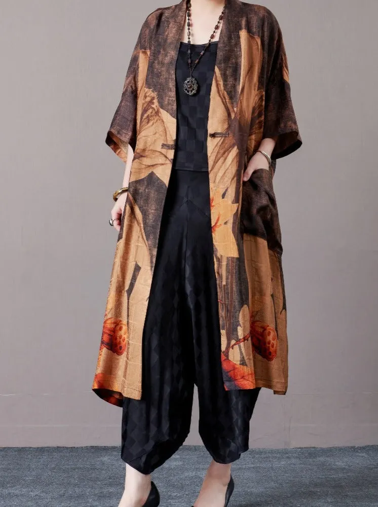 Bohemian Open-Front Long Kimono with Artistic Print