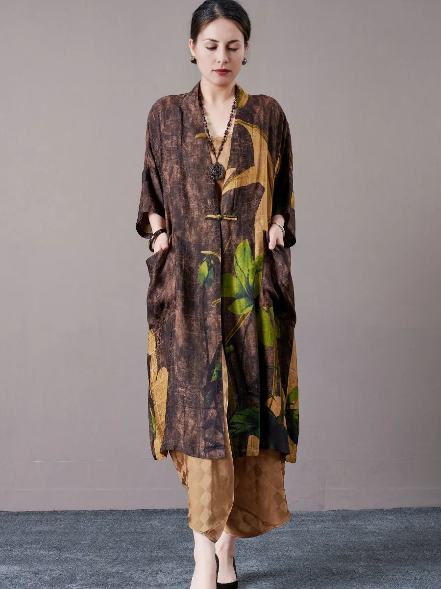 Bohemian Open-Front Long Kimono with Artistic Print