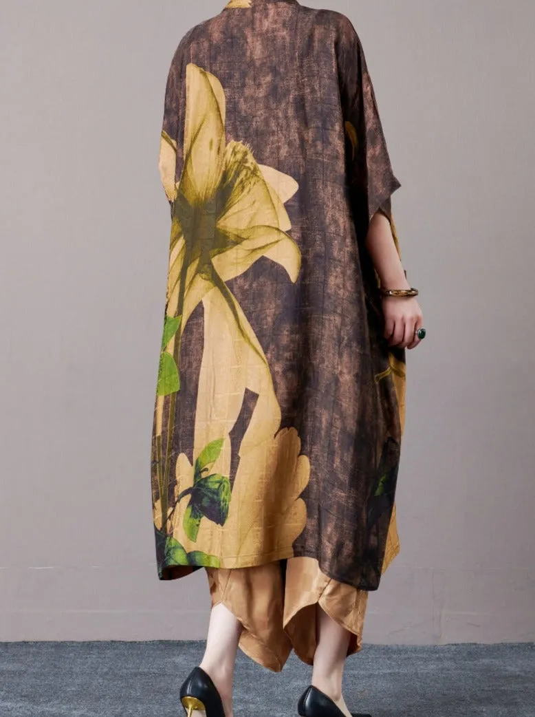 Bohemian Open-Front Long Kimono with Artistic Print