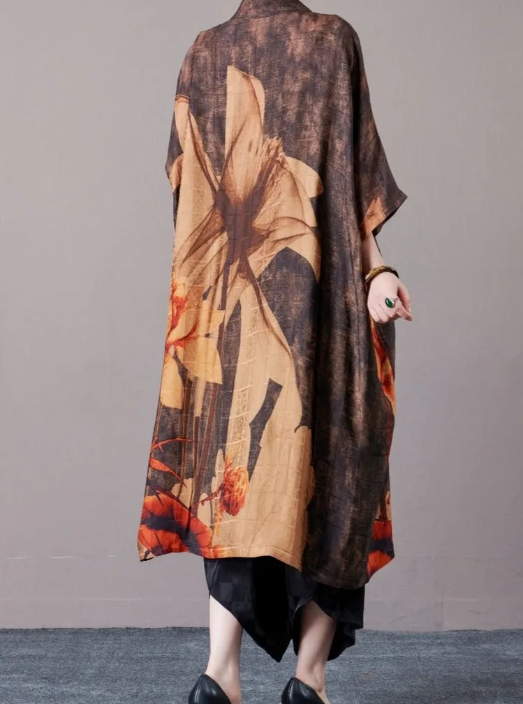 Bohemian Open-Front Long Kimono with Artistic Print