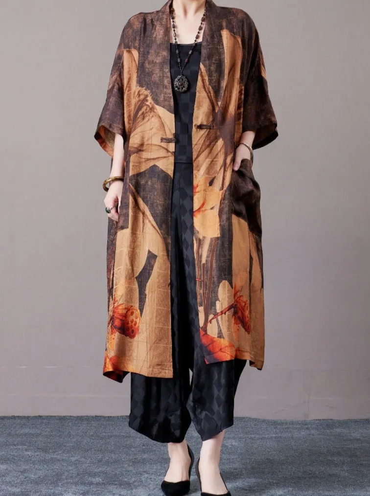 Bohemian Open-Front Long Kimono with Artistic Print