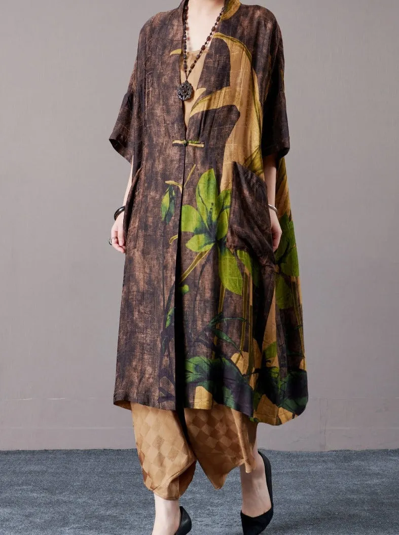 Bohemian Open-Front Long Kimono with Artistic Print