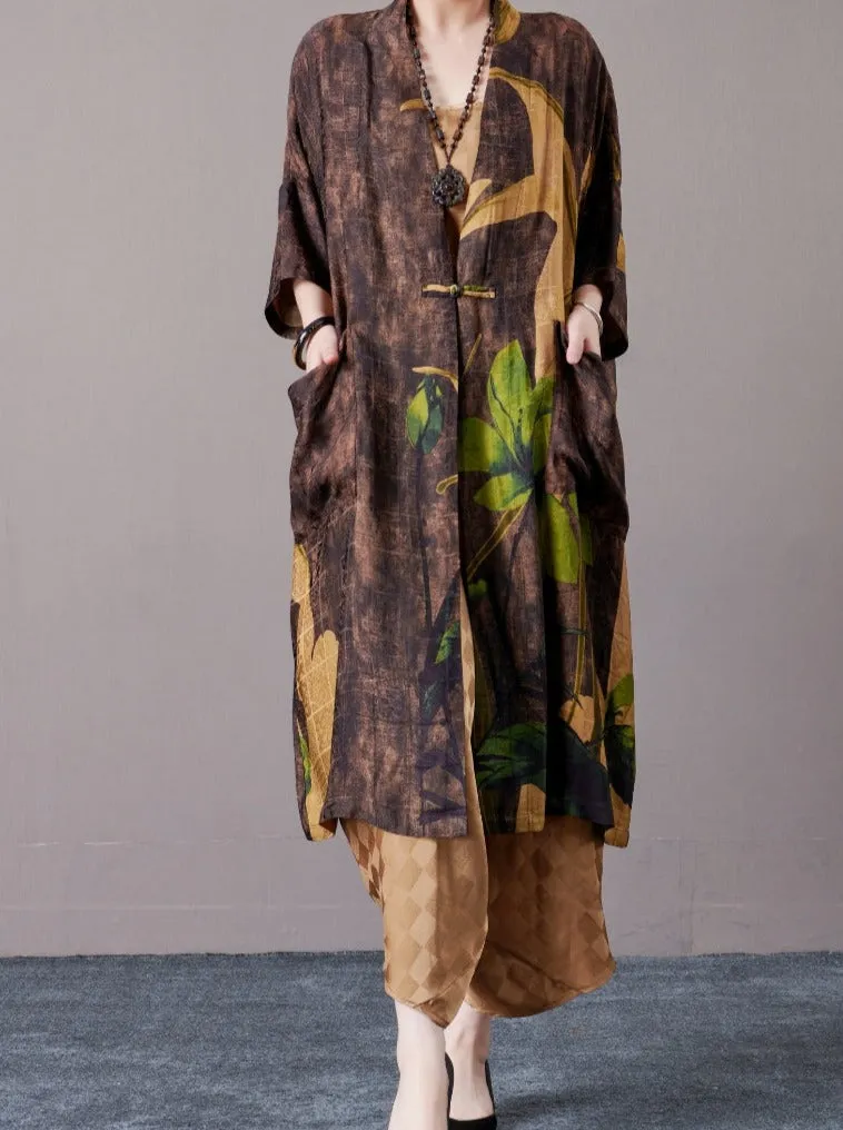 Bohemian Open-Front Long Kimono with Artistic Print