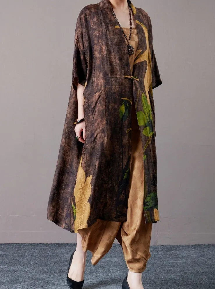 Bohemian Open-Front Long Kimono with Artistic Print