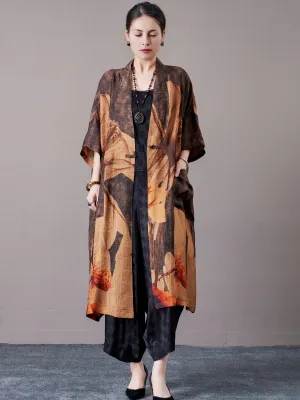 Bohemian Open-Front Long Kimono with Artistic Print