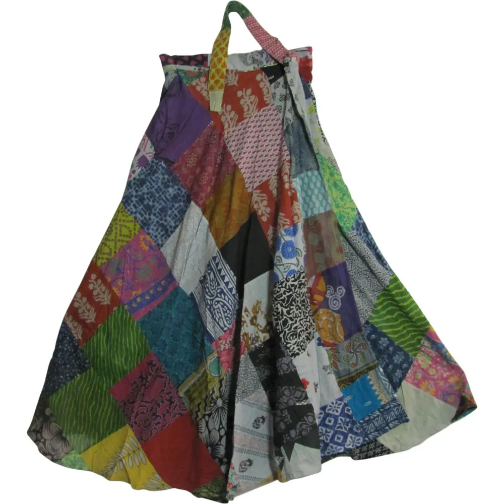 Bohemian Vintage Ethnic Fair Trade Recycled Pure Cotton Handmade Patchwork Layered Wrap Around Maxi Long Skirt