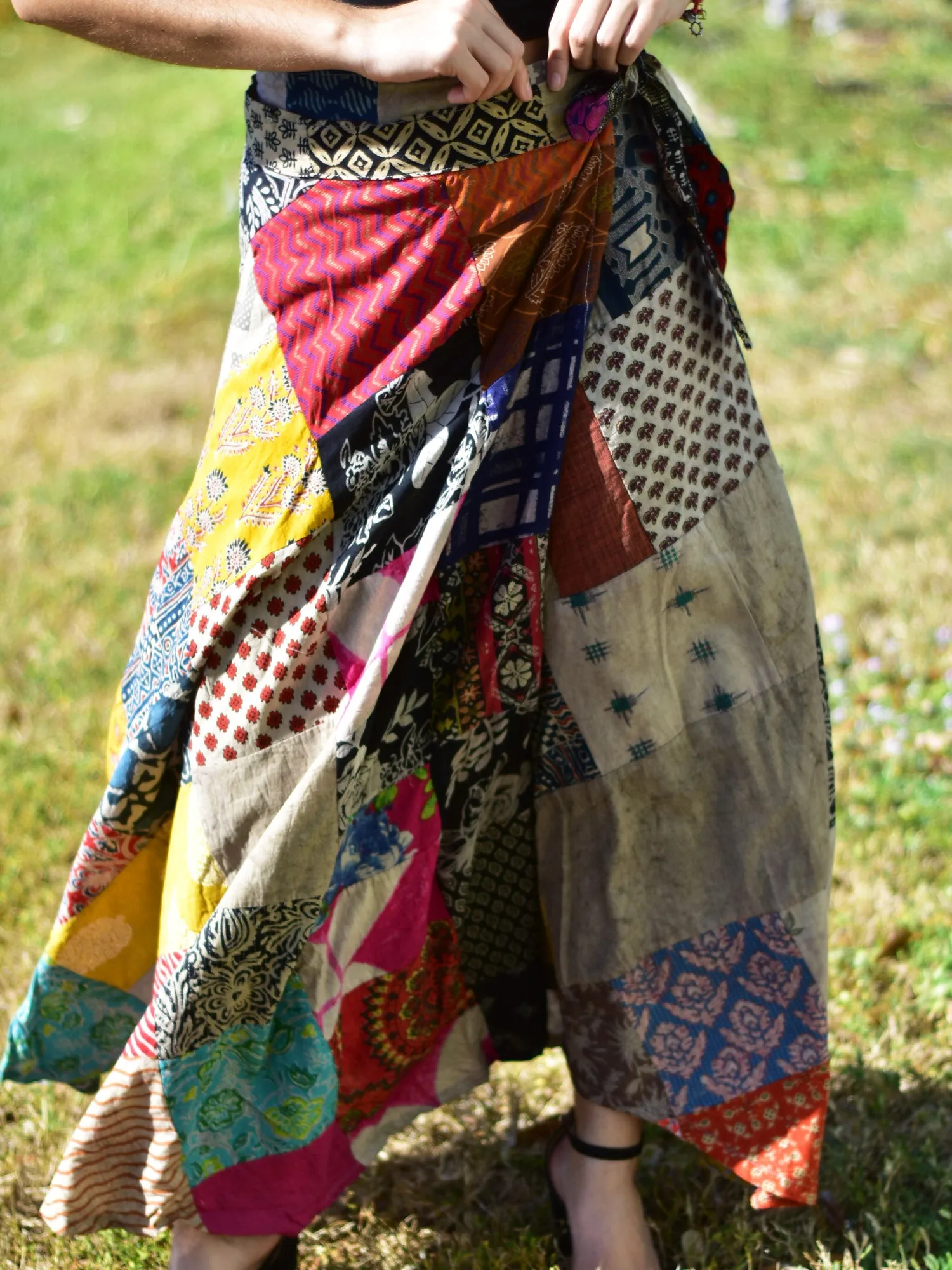 Bohemian Vintage Ethnic Fair Trade Recycled Pure Cotton Handmade Patchwork Layered Wrap Around Maxi Long Skirt