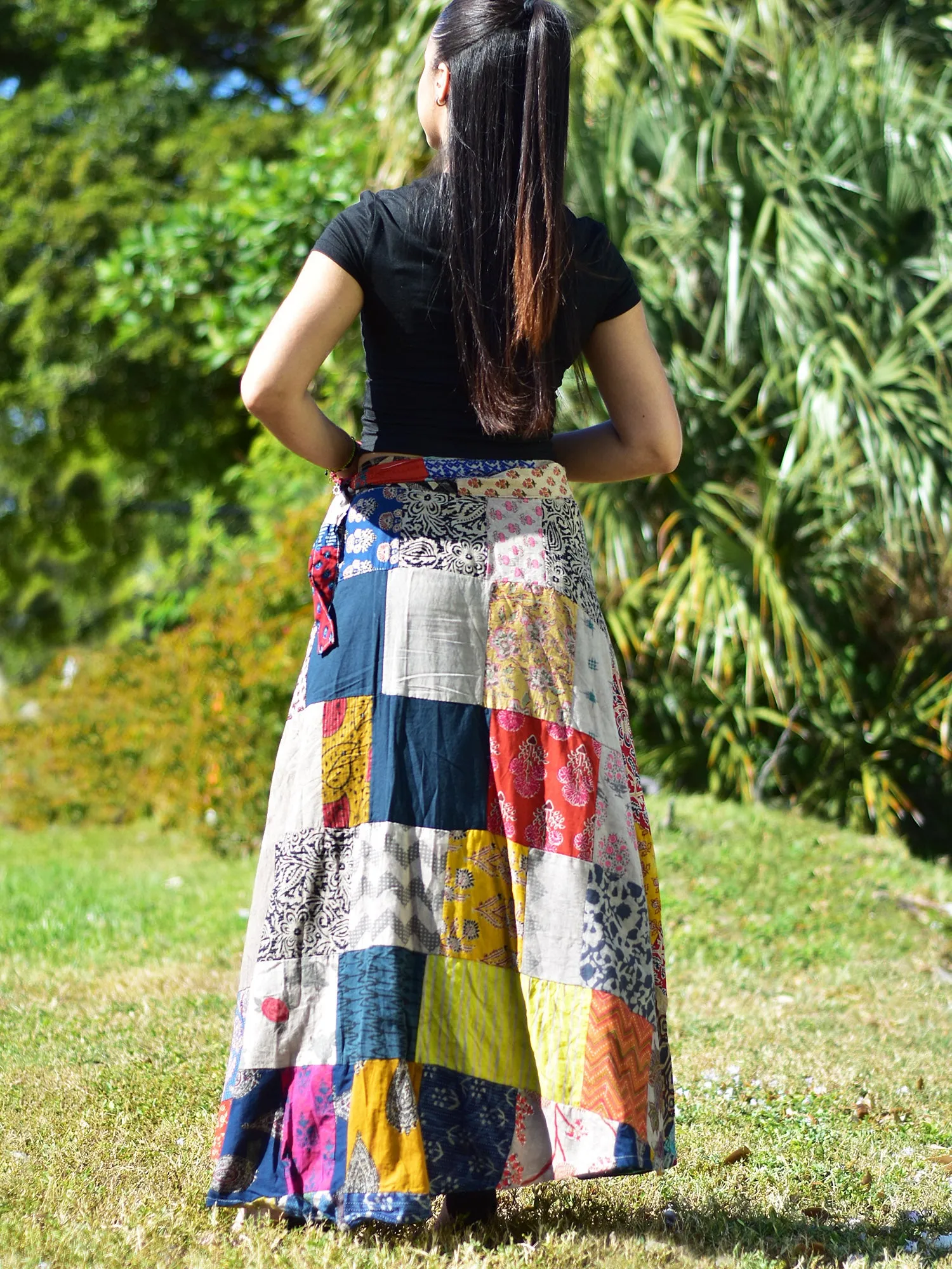 Bohemian Vintage Ethnic Fair Trade Recycled Pure Cotton Handmade Patchwork Layered Wrap Around Maxi Long Skirt