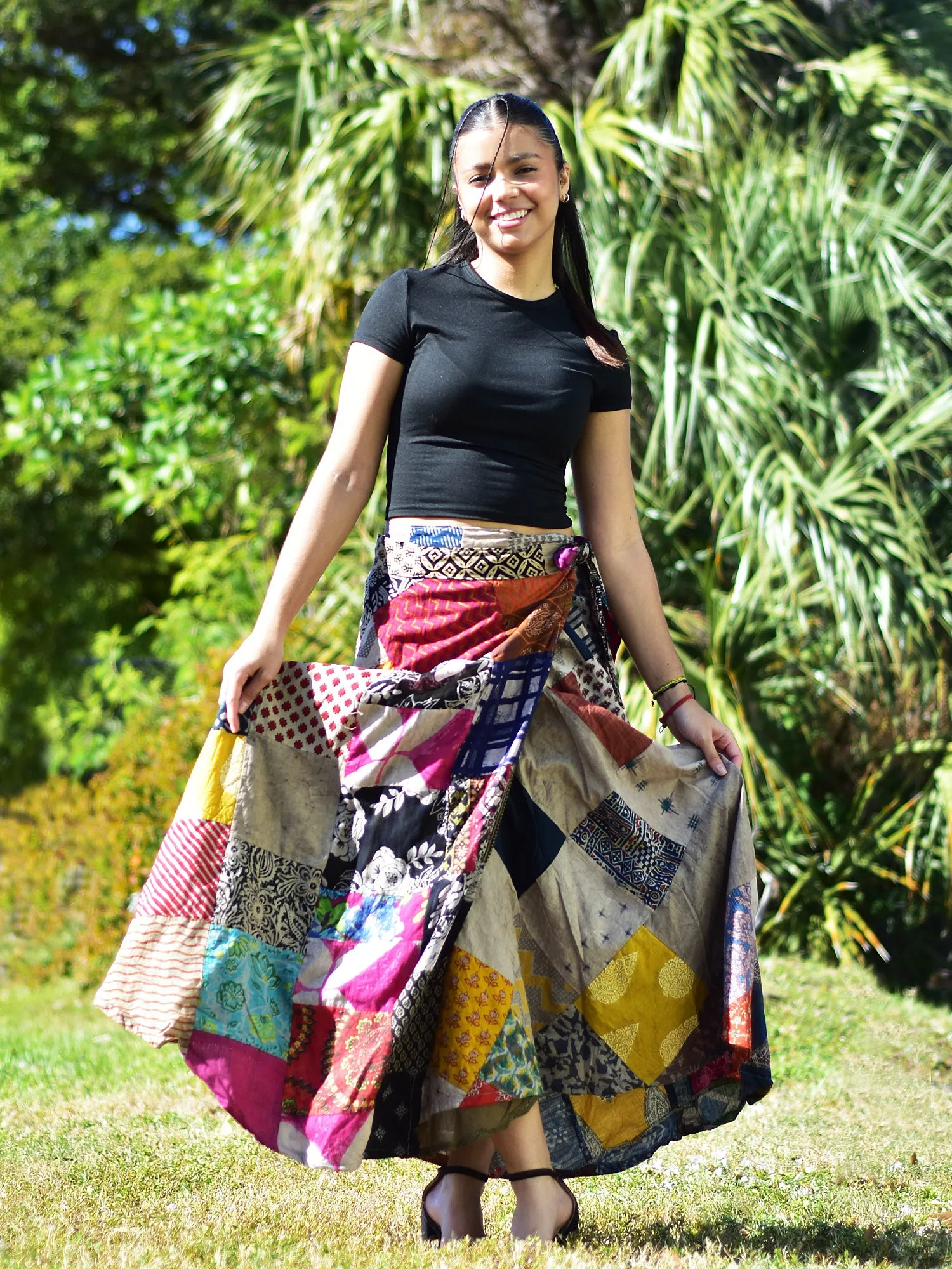 Bohemian Vintage Ethnic Fair Trade Recycled Pure Cotton Handmade Patchwork Layered Wrap Around Maxi Long Skirt