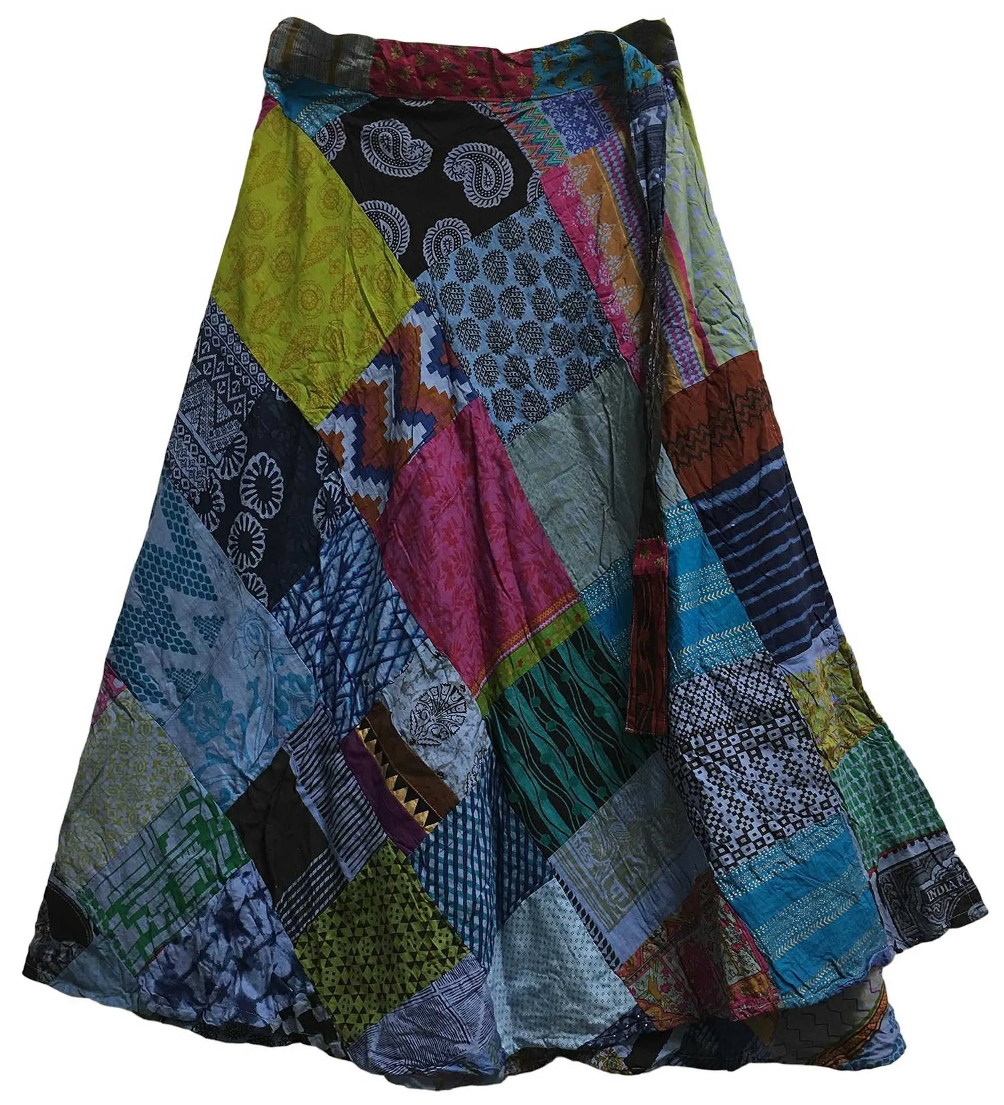 Bohemian Vintage Ethnic Fair Trade Recycled Pure Cotton Handmade Patchwork Layered Wrap Around Maxi Long Skirt