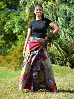 Bohemian Vintage Ethnic Fair Trade Recycled Pure Cotton Handmade Patchwork Layered Wrap Around Maxi Long Skirt