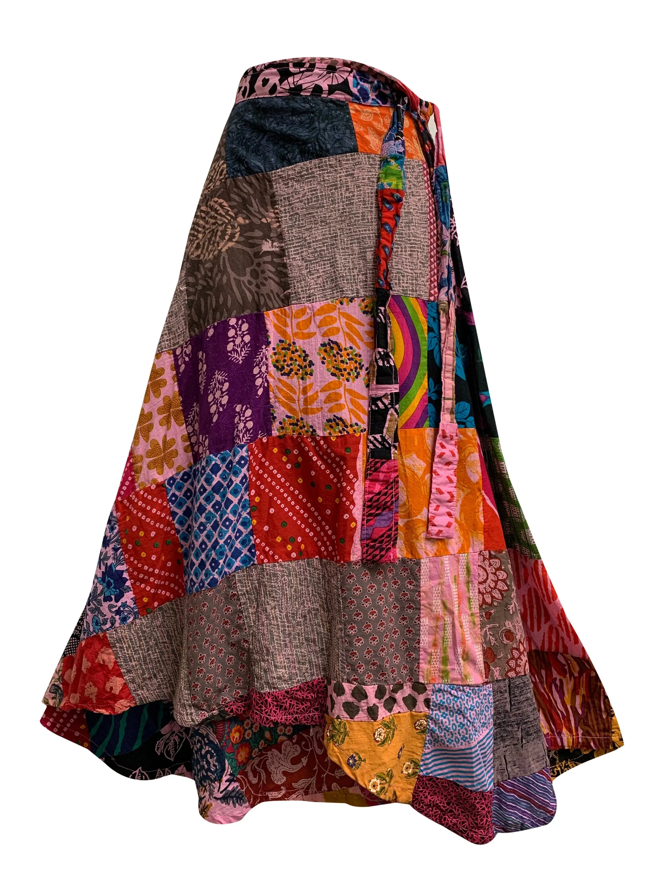 Bohemian Vintage Ethnic Fair Trade Recycled Pure Cotton Handmade Patchwork Layered Wrap Around Maxi Long Skirt