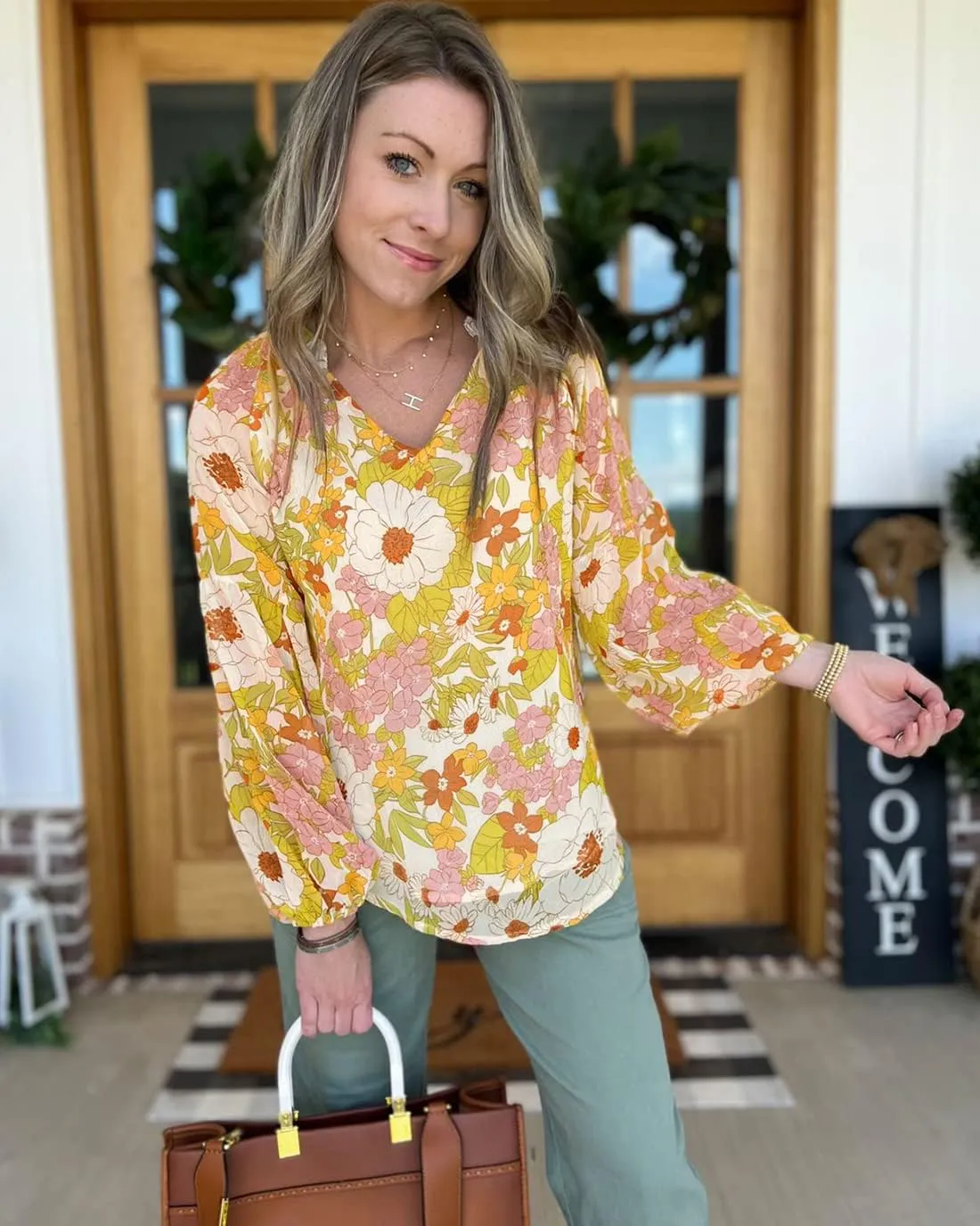 BTFBM Women Casual Boho Blouse Fashion Floral Shirts V Neck Long Puff Sleeve Lightweight Chiffon Spring Summer Tops 2024(Floral Yellow, Small)