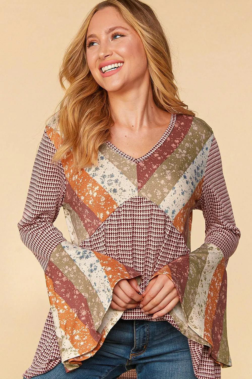 Burgundy/Olive Plus Ethnic Stripe Patchwork Bell Sleeve Knit Top