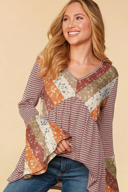 Burgundy/Olive Plus Ethnic Stripe Patchwork Bell Sleeve Knit Top